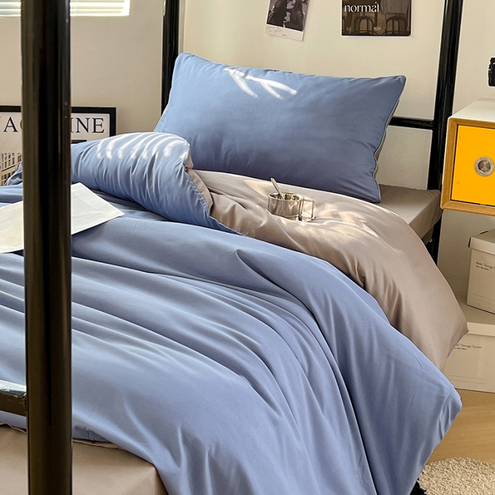 91家纺网 家纺一手货源 找家纺 蓝淋家纺 2023新款水洗棉学生宿舍亲肤三件套四件套 浅蓝灰+浅灰