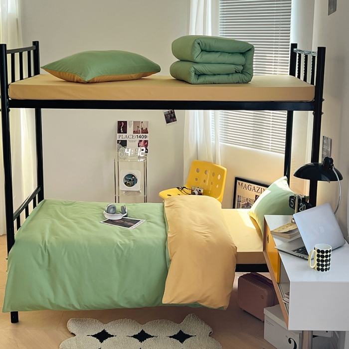 91家纺网 家纺一手货源 找家纺 蓝淋家纺 2023新款水洗棉学生宿舍亲肤三件套四件套 浅绿浅驼