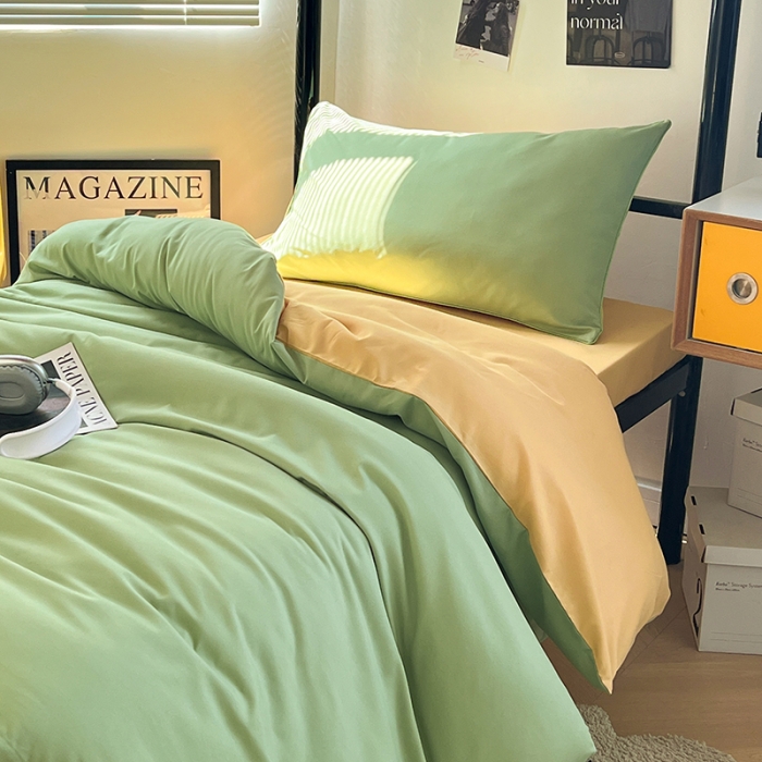 91家纺网 家纺一手货源 找家纺 蓝淋家纺 2023新款水洗棉学生宿舍亲肤三件套四件套 浅绿浅驼