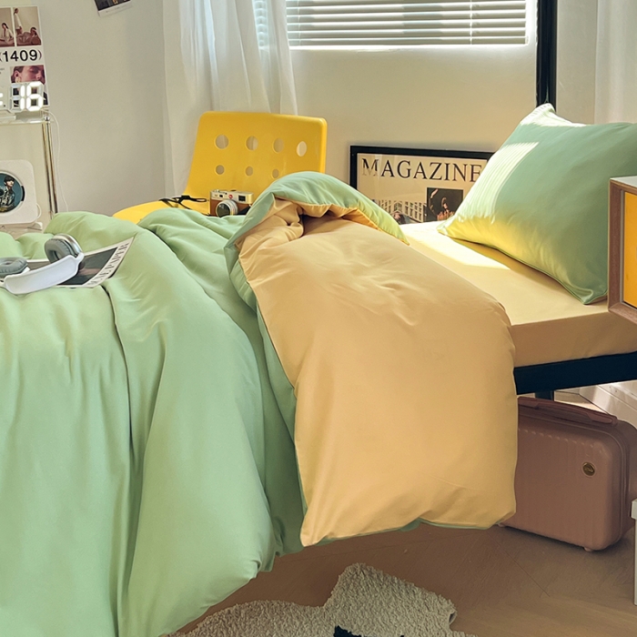 91家纺网 家纺一手货源 找家纺 蓝淋家纺 2023新款水洗棉学生宿舍亲肤三件套四件套 浅绿浅驼