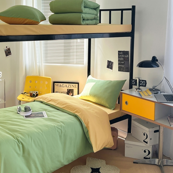 91家纺网 家纺一手货源 找家纺 蓝淋家纺 2023新款水洗棉学生宿舍亲肤三件套四件套 浅绿浅驼