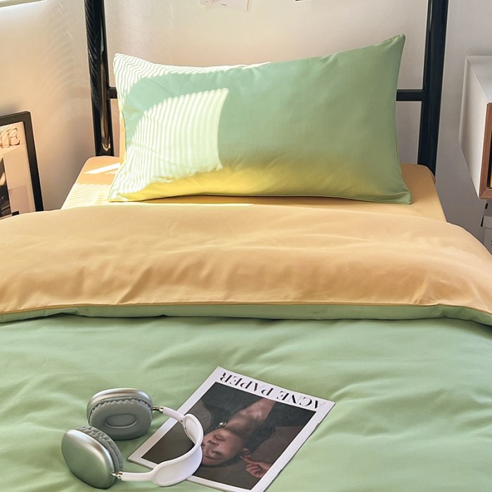 91家纺网 家纺一手货源 找家纺 蓝淋家纺 2023新款水洗棉学生宿舍亲肤三件套四件套 浅绿浅驼