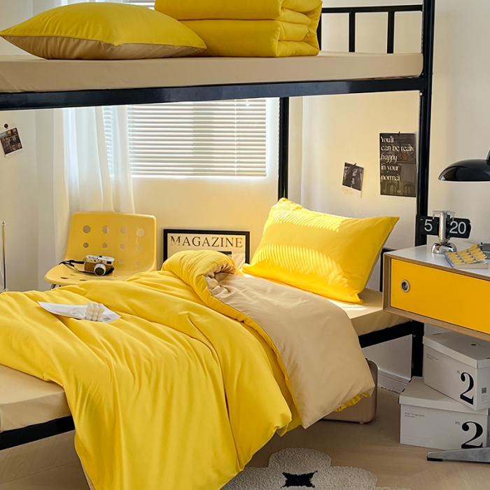 91家纺网 家纺一手货源 找家纺 蓝淋家纺 2023新款水洗棉学生宿舍亲肤三件套四件套 杏黄浅驼