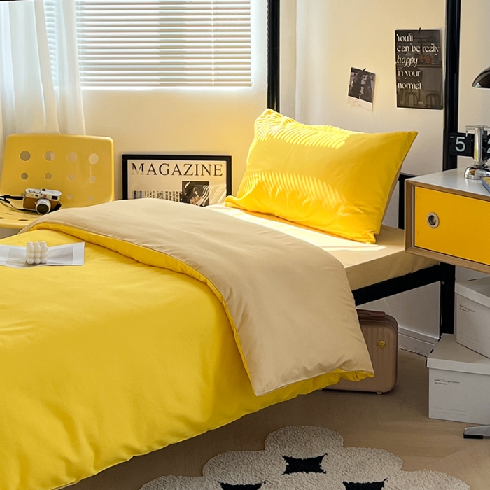 91家纺网 家纺一手货源 找家纺 蓝淋家纺 2023新款水洗棉学生宿舍亲肤三件套四件套 杏黄浅驼