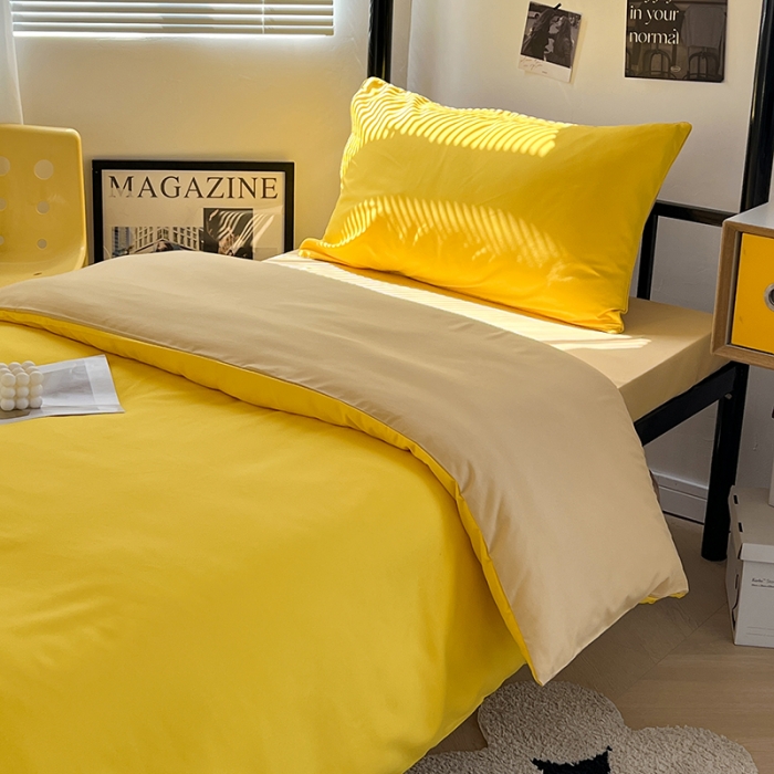 91家纺网 家纺一手货源 找家纺 蓝淋家纺 2023新款水洗棉学生宿舍亲肤三件套四件套 杏黄浅驼