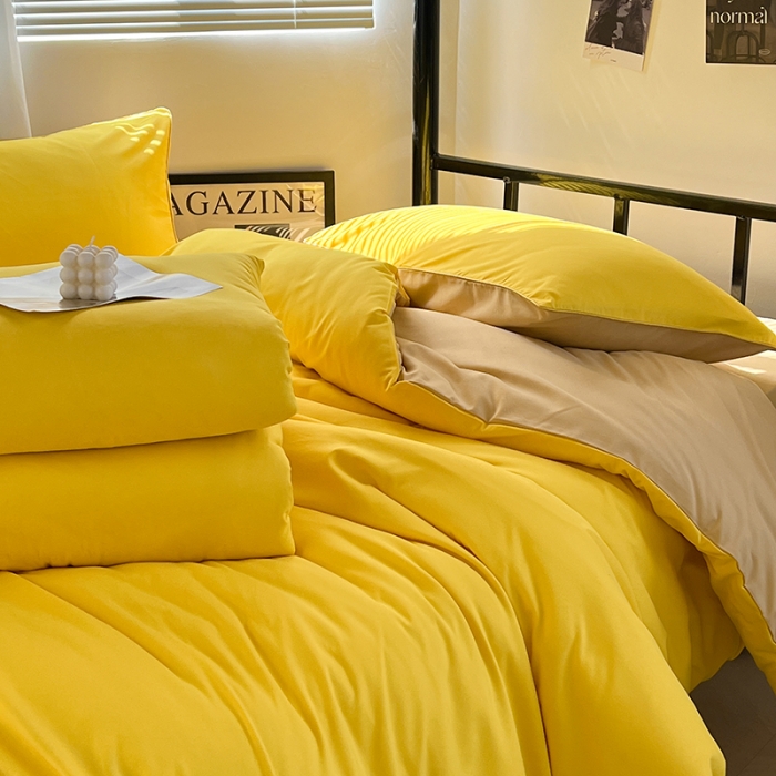 91家纺网 家纺一手货源 找家纺 蓝淋家纺 2023新款水洗棉学生宿舍亲肤三件套四件套 杏黄浅驼