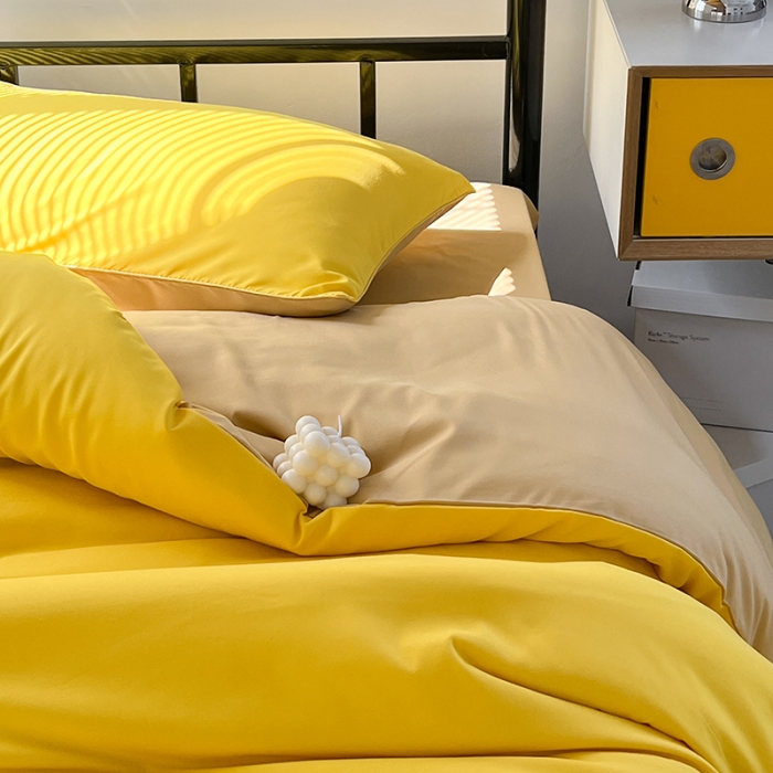 91家纺网 家纺一手货源 找家纺 蓝淋家纺 2023新款水洗棉学生宿舍亲肤三件套四件套 杏黄浅驼