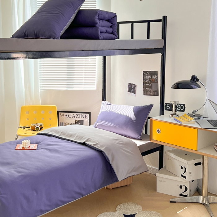 91家纺网 家纺一手货源 找家纺 蓝淋家纺 2023新款水洗棉学生宿舍亲肤三件套四件套 烟熏紫