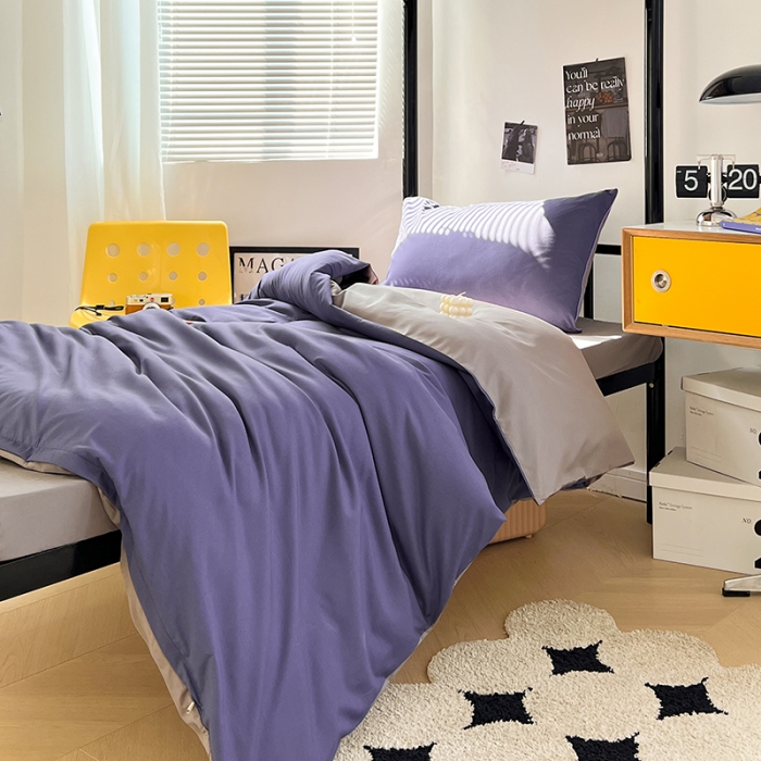 91家纺网 家纺一手货源 找家纺 蓝淋家纺 2023新款水洗棉学生宿舍亲肤三件套四件套 烟熏紫