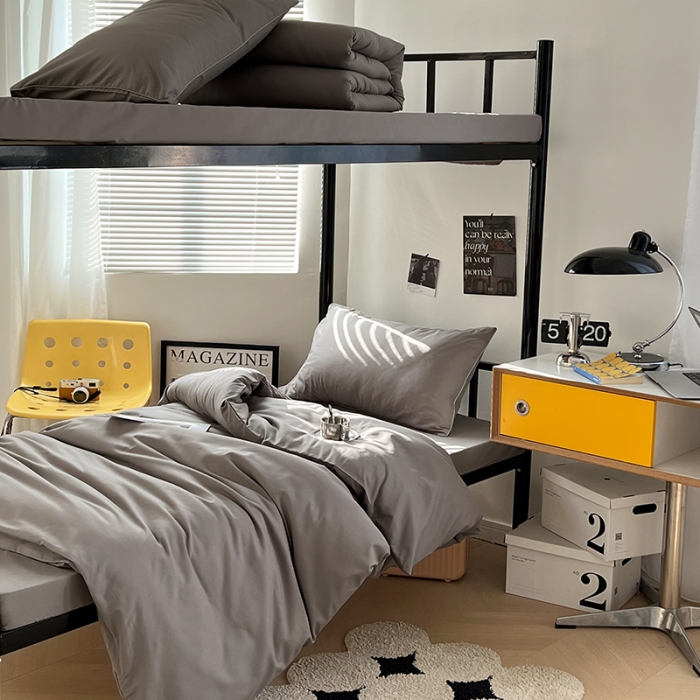 91家纺网 家纺一手货源 找家纺 蓝淋家纺 2023新款水洗棉学生宿舍亲肤三件套四件套 银灰