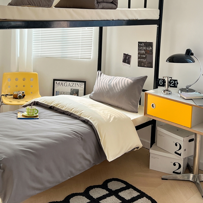 91家纺网 家纺一手货源 找家纺 蓝淋家纺 2023新款水洗棉学生宿舍亲肤三件套四件套 银灰米