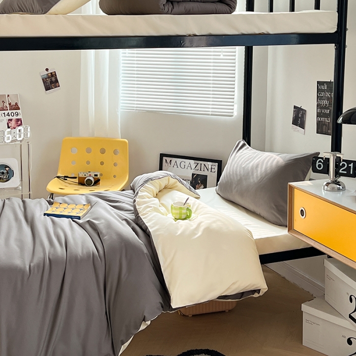 91家纺网 家纺一手货源 找家纺 蓝淋家纺 2023新款水洗棉学生宿舍亲肤三件套四件套 银灰米