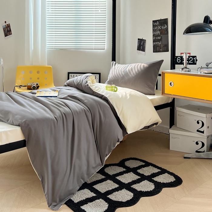 91家纺网 家纺一手货源 找家纺 蓝淋家纺 2023新款水洗棉学生宿舍亲肤三件套四件套 银灰米