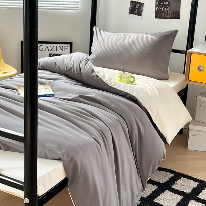 91家纺网 家纺一手货源 找家纺 蓝淋家纺 2023新款水洗棉学生宿舍亲肤三件套四件套 银灰米