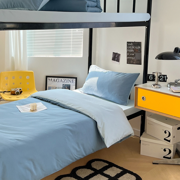 91家纺网 家纺一手货源 找家纺 蓝淋家纺 2023新款水洗棉学生宿舍亲肤三件套四件套 月光雾蓝