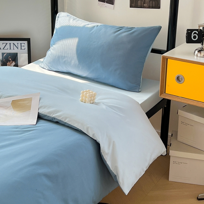 91家纺网 家纺一手货源 找家纺 蓝淋家纺 2023新款水洗棉学生宿舍亲肤三件套四件套 月光雾蓝