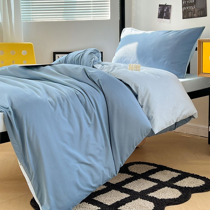 91家纺网 家纺一手货源 找家纺 蓝淋家纺 2023新款水洗棉学生宿舍亲肤三件套四件套 月光雾蓝