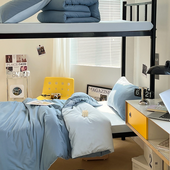 91家纺网 家纺一手货源 找家纺 蓝淋家纺 2023新款水洗棉学生宿舍亲肤三件套四件套 月光雾蓝