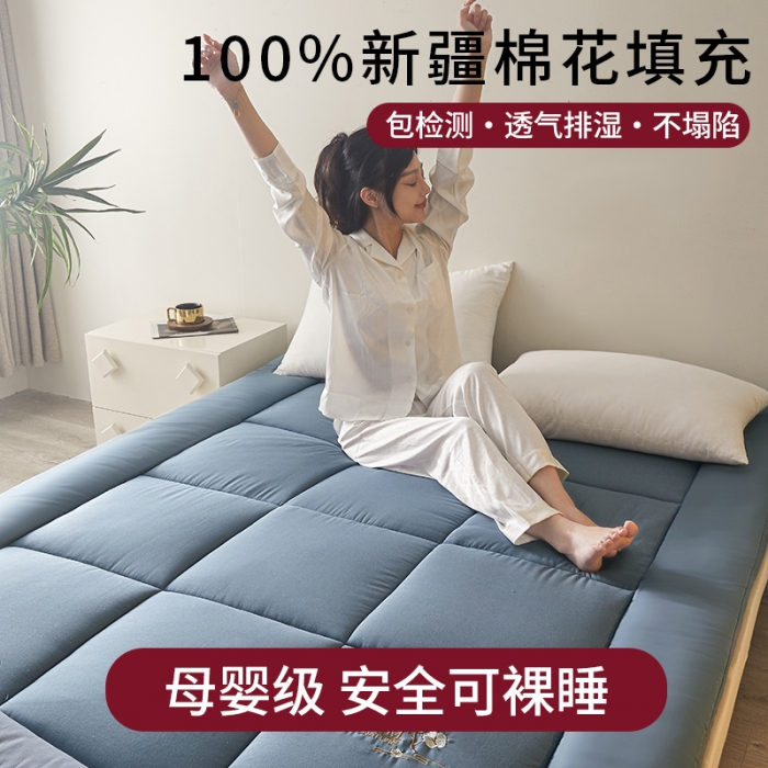 91家纺网 家纺一手货源 找家纺 千百笠 2023新款新疆棉花万针刺绣床垫垫被软垫棉花垫被褥棉絮淳朴-蓝