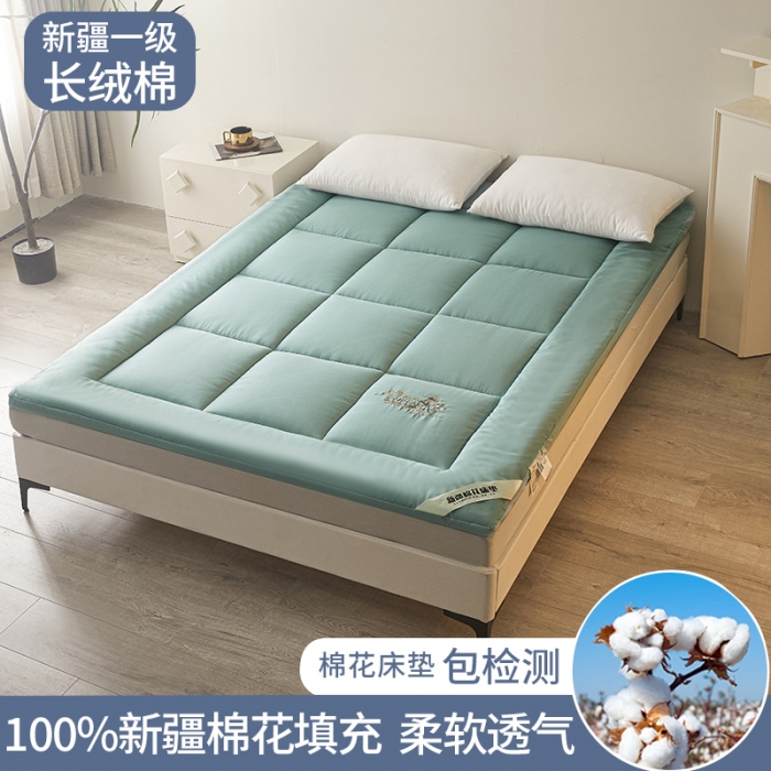 91家纺网 家纺一手货源 找家纺 千百笠 2023新款新疆棉花万针刺绣床垫垫被软垫棉花垫被褥棉絮淳朴-绿