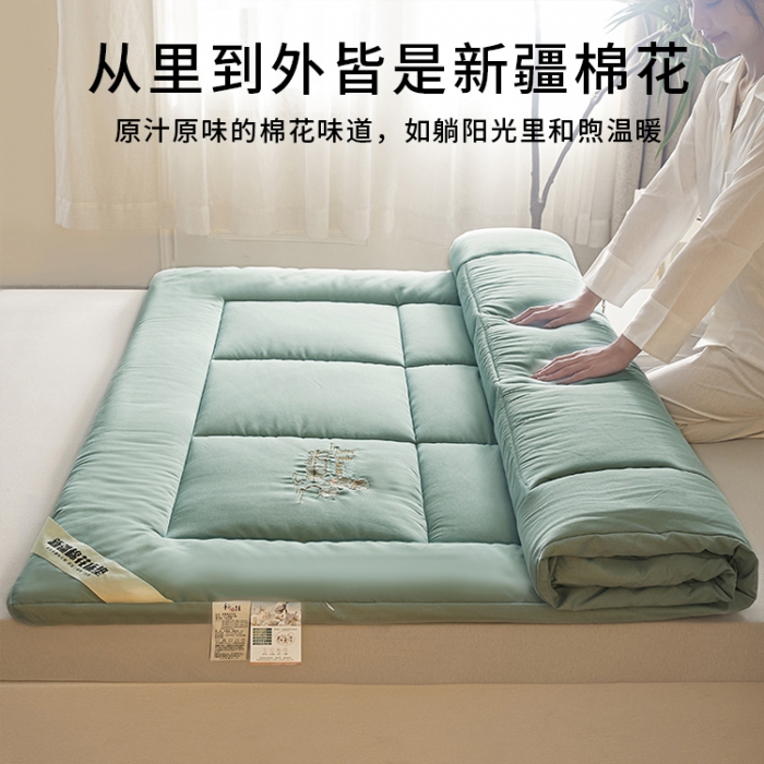 91家纺网 家纺一手货源 找家纺 千百笠 2023新款新疆棉花万针刺绣床垫垫被软垫棉花垫被褥棉絮淳朴-绿