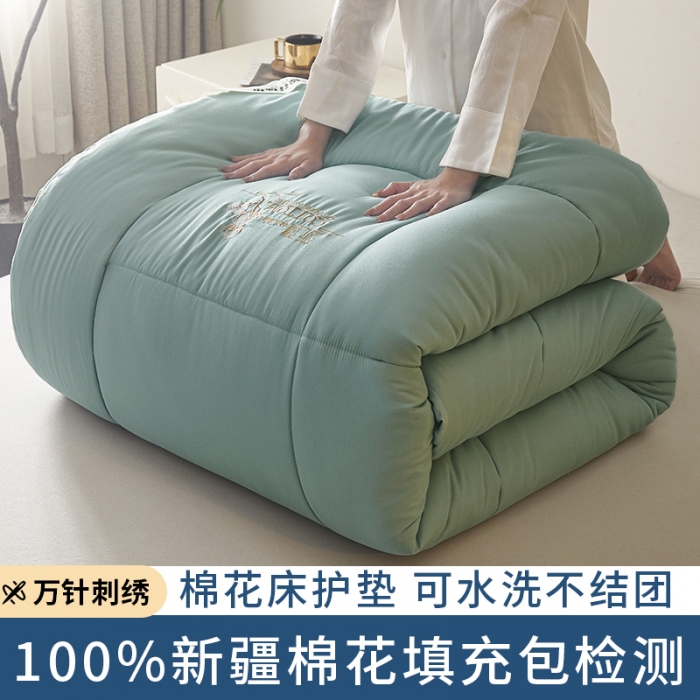 91家纺网 家纺一手货源 找家纺 千百笠 2023新款新疆棉花万针刺绣床垫垫被软垫棉花垫被褥棉絮淳朴-绿