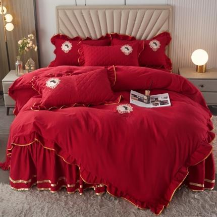 91家纺网 家纺一手货源 找家纺 恋尚 2023款蜜桃棉夹棉床笠床裙可脱卸拉链款四件套 娜娜公主-红