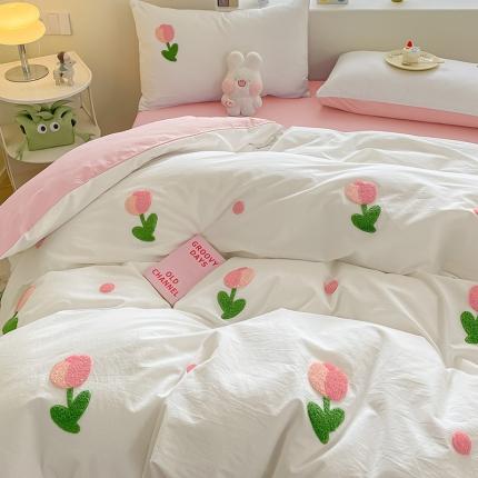 91家纺网 家纺一手货源 找家纺 眠帛家居 2023新款A类水洗棉毛巾绣四件套 郁金香奶油白