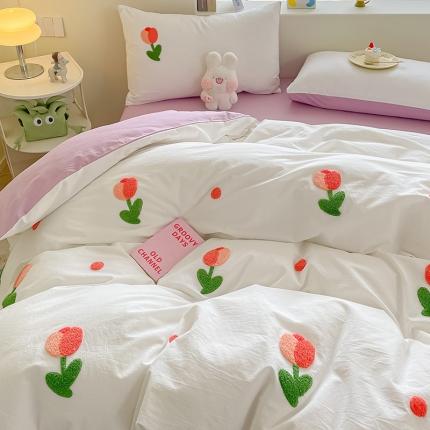 91家纺网 家纺一手货源 找家纺 眠帛家居 2023新款A类水洗棉毛巾绣四件套 郁金香奶油紫