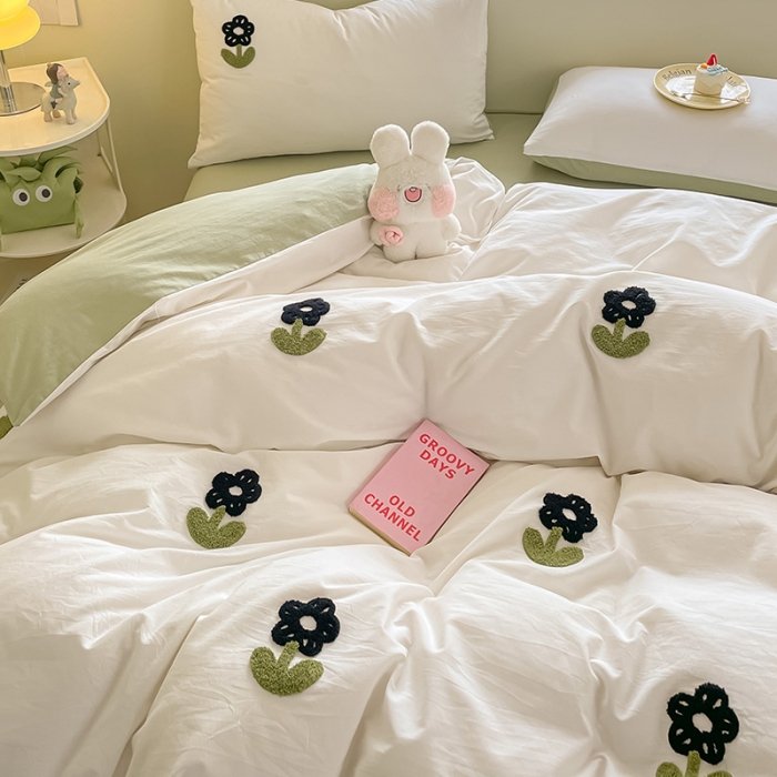 91家纺网 家纺一手货源 找家纺 眠帛家居 2023新款A类水洗棉毛巾绣四件套 朵朵奶油绿