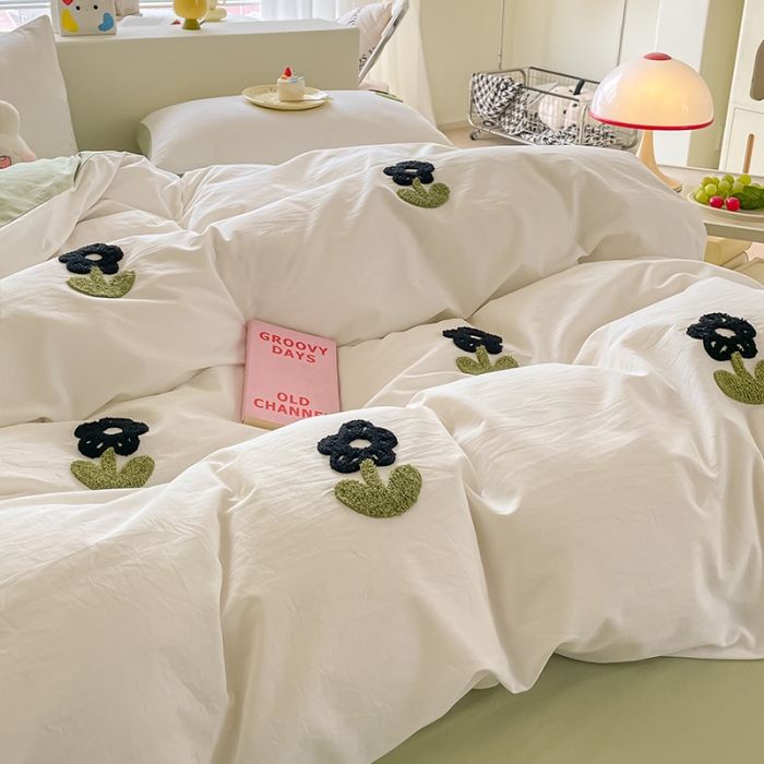 91家纺网 家纺一手货源 找家纺 眠帛家居 2023新款A类水洗棉毛巾绣四件套 朵朵奶油绿