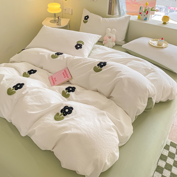 91家纺网 家纺一手货源 找家纺 眠帛家居 2023新款A类水洗棉毛巾绣四件套 朵朵奶油绿
