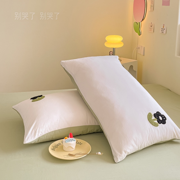 91家纺网 家纺一手货源 找家纺 眠帛家居 2023新款A类水洗棉毛巾绣四件套 朵朵奶油绿