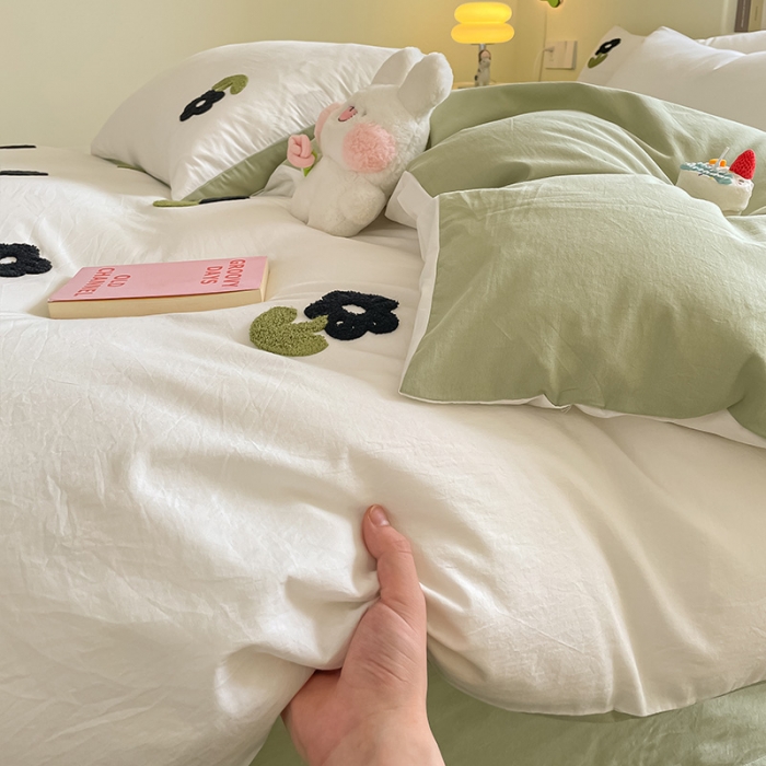 91家纺网 家纺一手货源 找家纺 眠帛家居 2023新款A类水洗棉毛巾绣四件套 朵朵奶油绿