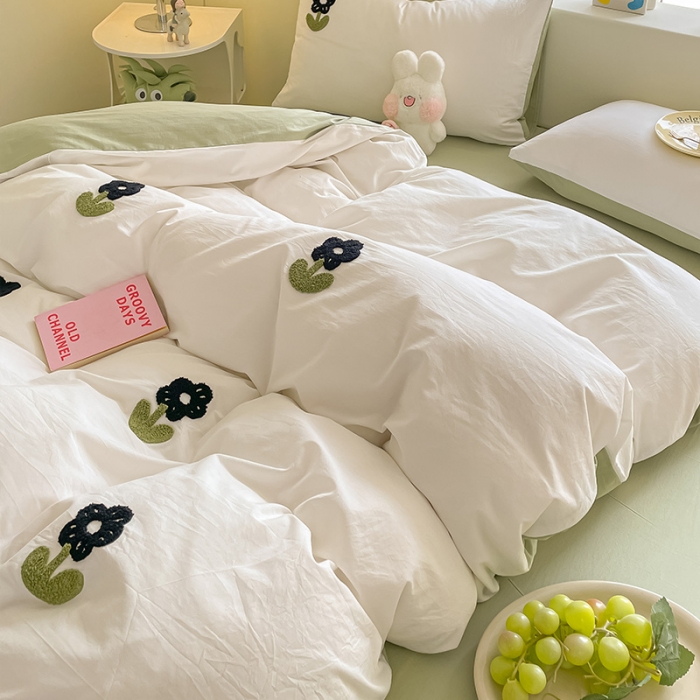 91家纺网 家纺一手货源 找家纺 眠帛家居 2023新款A类水洗棉毛巾绣四件套 朵朵奶油绿