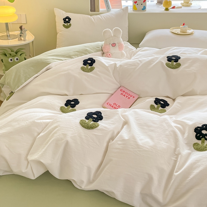 91家纺网 家纺一手货源 找家纺 眠帛家居 2023新款A类水洗棉毛巾绣四件套 朵朵奶油绿