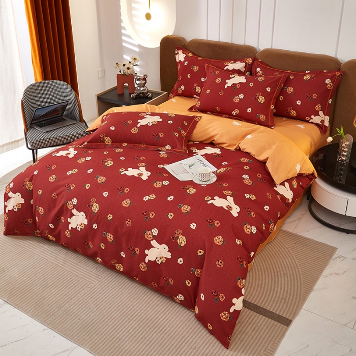 91家纺网 家纺一手货源 找家纺 雲归梦 2023年新款加厚全棉生态磨毛大版四件套 快乐节奏-红