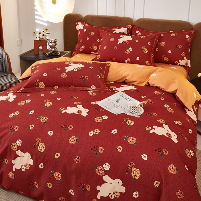 91家纺网 家纺一手货源 找家纺 雲归梦 2023年新款加厚全棉生态磨毛大版四件套 快乐节奏-红