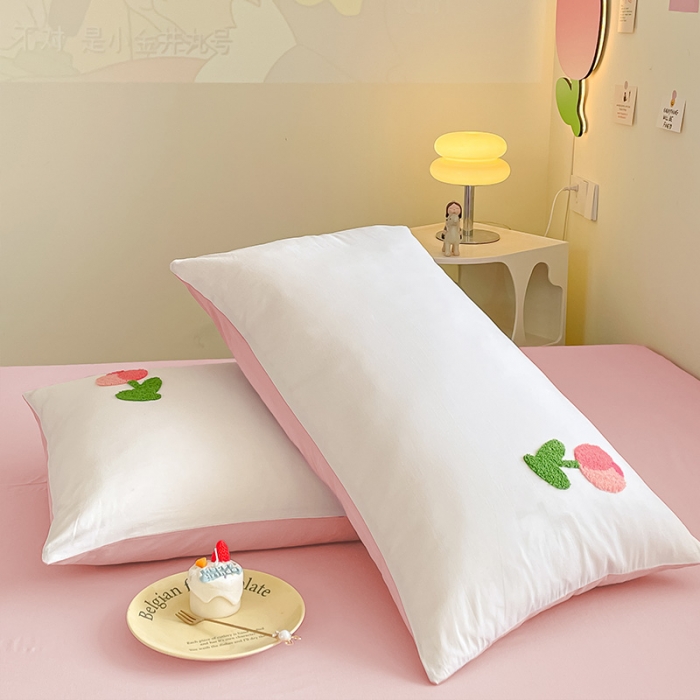 91家纺网 家纺一手货源 找家纺 眠帛家居 2023新款A类水洗棉毛巾绣四件套 郁金香奶油白