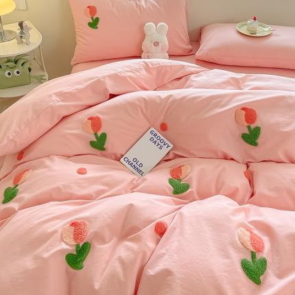 眠帛家居 2023新款A类水洗棉毛巾绣四件套 郁金香奶油粉