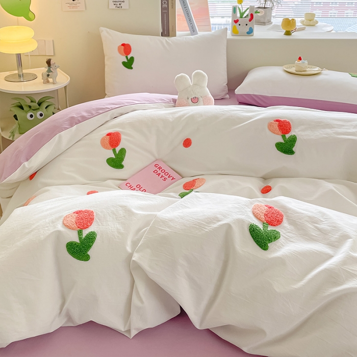 91家纺网 家纺一手货源 找家纺 眠帛家居 2023新款A类水洗棉毛巾绣四件套 郁金香奶油紫