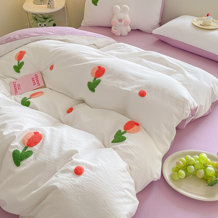 91家纺网 家纺一手货源 找家纺 眠帛家居 2023新款A类水洗棉毛巾绣四件套 郁金香奶油紫