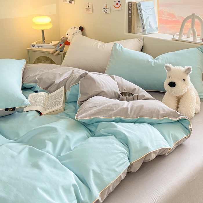 91家纺网 家纺一手货源 找家纺 眠帛家居 2023新款A类芝士系列水洗棉麻绳滚边四件套 芝士繁星蓝灰