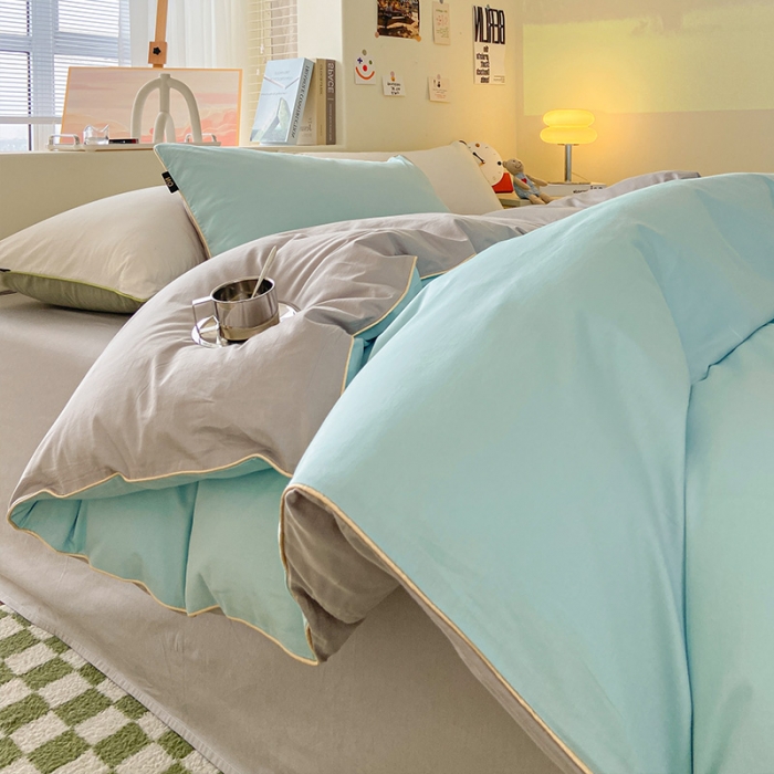 91家纺网 家纺一手货源 找家纺 眠帛家居 2023新款A类芝士系列水洗棉麻绳滚边四件套 芝士繁星蓝灰