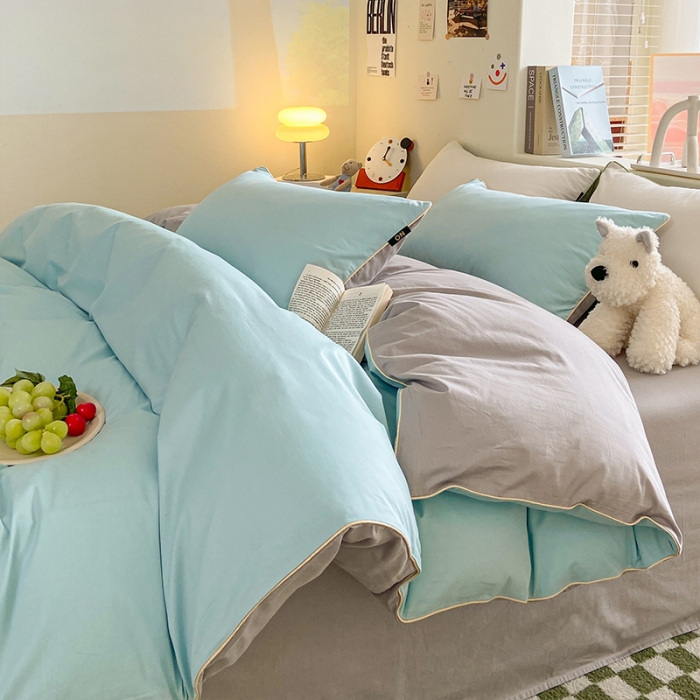 91家纺网 家纺一手货源 找家纺 眠帛家居 2023新款A类芝士系列水洗棉麻绳滚边四件套 芝士繁星蓝灰