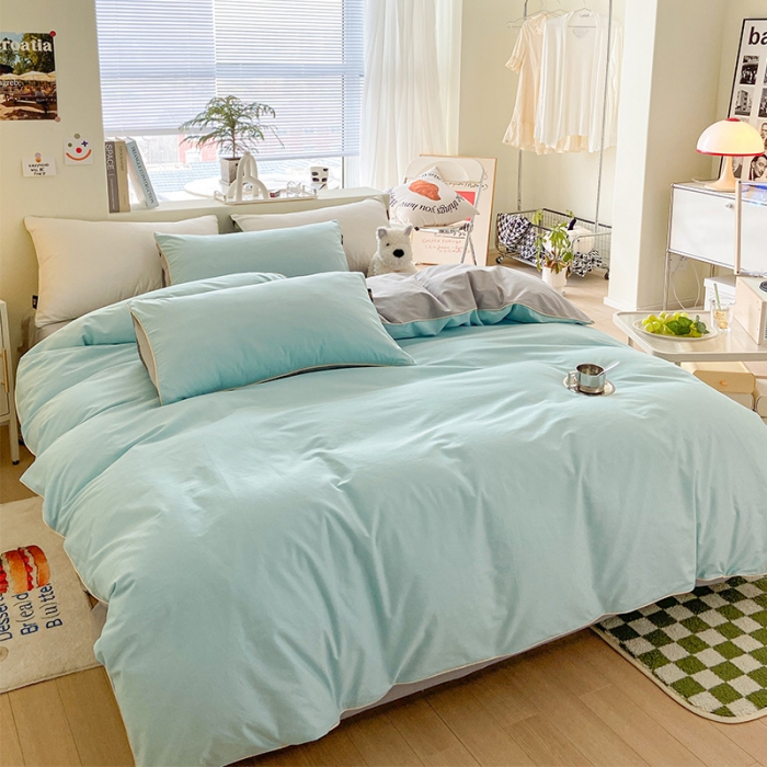 91家纺网 家纺一手货源 找家纺 眠帛家居 2023新款A类芝士系列水洗棉麻绳滚边四件套 芝士繁星蓝灰