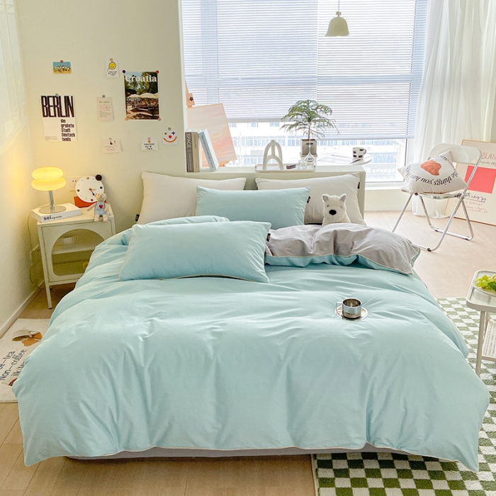 91家纺网 家纺一手货源 找家纺 眠帛家居 2023新款A类芝士系列水洗棉麻绳滚边四件套 芝士繁星蓝灰