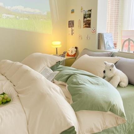眠帛家居 2023新款A类芝士系列水洗棉麻绳滚边四件套 芝士奶昔白果绿
