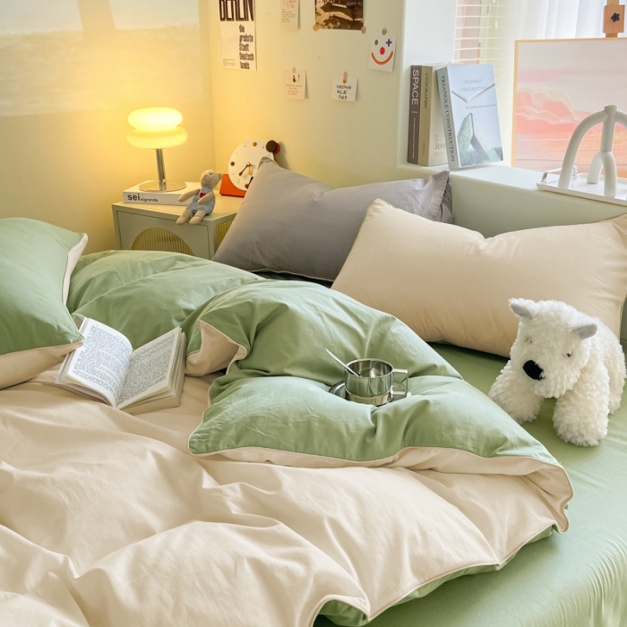 91家纺网 家纺一手货源 找家纺 眠帛家居 2023新款A类芝士系列水洗棉麻绳滚边四件套 芝士奶昔白果绿