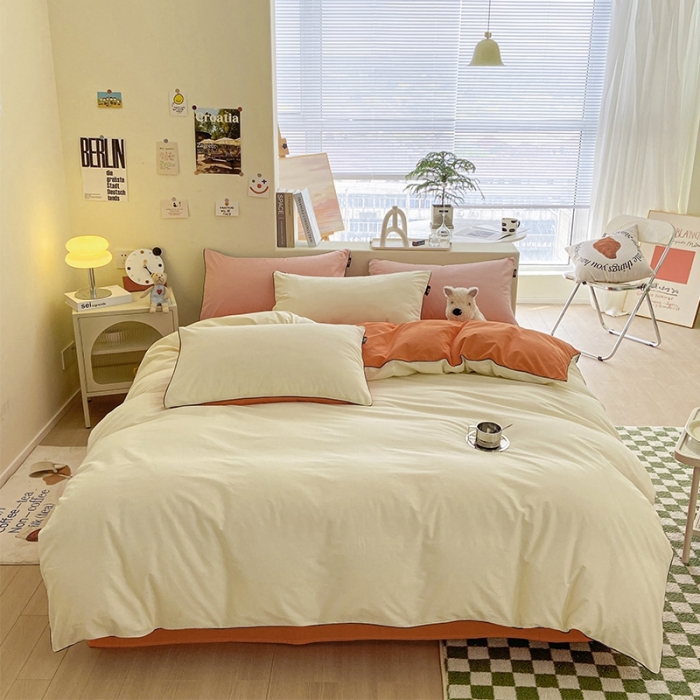 91家纺网 家纺一手货源 找家纺 眠帛家居 2023新款A类芝士系列水洗棉麻绳滚边四件套 芝士奶昔白焦糖